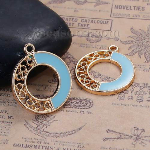 Picture of Zinc Based Alloy Contrast Color Charms Round Gold Plated Mint Green Enamel 23mm( 7/8") x 20mm( 6/8"), 5 PCs