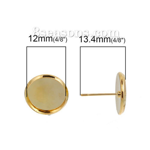 Immagine di Ottone Orecchini a Perno Accessori Tondo Oro Placcato Basi per Cabochon (Addetti: 12mm) 14mm x 13mm, Filo Dimensione: (21 misura), 10 Pz