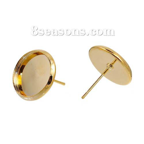 Immagine di Ottone Orecchini a Perno Accessori Tondo Oro Placcato Basi per Cabochon (Addetti: 12mm) 14mm x 13mm, Filo Dimensione: (21 misura), 10 Pz