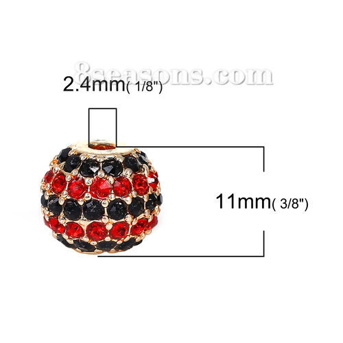 Image de Perles en Alliage de Zinc Forme Rond Doré avec Strass Noir & Rouge, Diamètre: 11mm, Tailles de Trous: 2.4mm, 1 Pièce