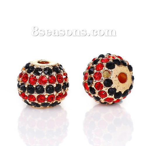 Image de Perles en Alliage de Zinc Forme Rond Doré avec Strass Noir & Rouge, Diamètre: 11mm, Tailles de Trous: 2.4mm, 1 Pièce