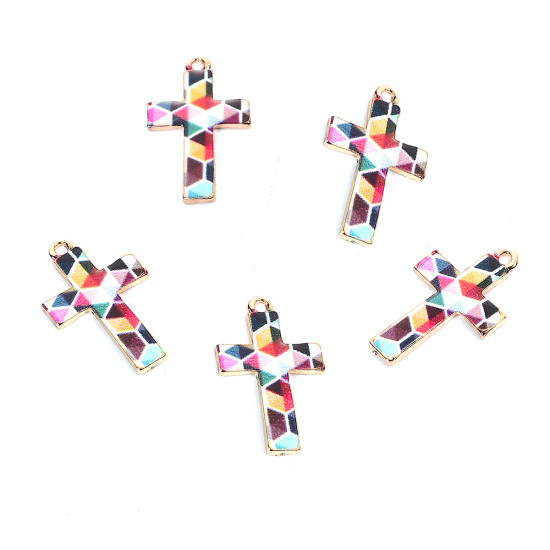 Imagen de Zamak Mosaico Colgantes Charms Cruz Chapado en Oro Multicolor Esmalte 28mm x 17mm, 10 Unidades