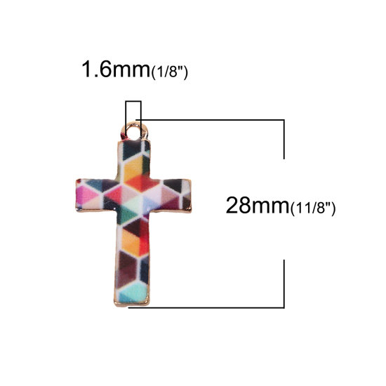 Imagen de Zamak Mosaico Colgantes Charms Cruz Chapado en Oro Multicolor Esmalte 28mm x 17mm, 10 Unidades