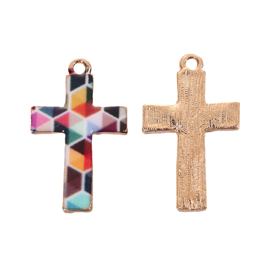 Imagen de Zamak Mosaico Colgantes Charms Cruz Chapado en Oro Multicolor Esmalte 28mm x 17mm, 10 Unidades