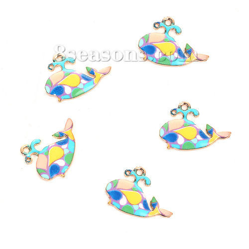 Imagen de Zamak Mosaico Colgantes Charms Ballena Chapado en Oro Multicolor Esmalte 24mm x 18mm, 10 Unidades