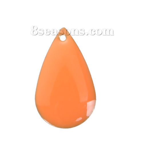 Image de Breloque Sequins Emaillés Double Face en Laiton Goutte d'Eau Email Sans Plaqué Orange 21mm x 13mm, 10 Pcs
