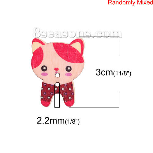 ウッド 縫製ボタン 猫 ランダムな色 2つ穴 30mm x 23mm、 50 個 の画像