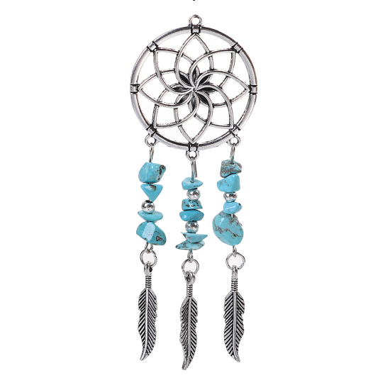 Immagine di Lega di Zinco Ciondoli Cacciatore di sogni Argento Antico Verde Blu Piuma 10.1cm x 3.5cm , 1 Pz