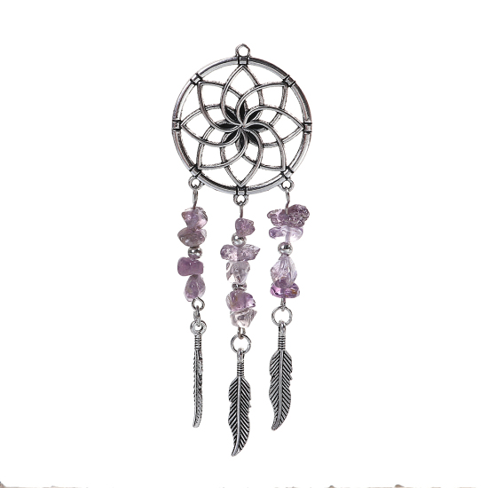 Immagine di Lega di Zinco Ciondoli Cacciatore di sogni Argento Antico Colore Viola Piuma 10.1cm x 3.5cm , 1 Pz