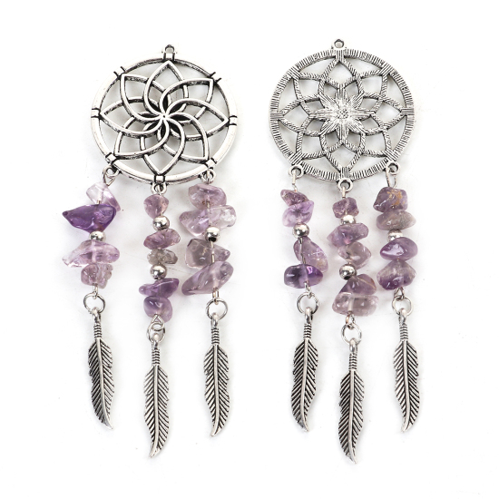 Immagine di Lega di Zinco Ciondoli Cacciatore di sogni Argento Antico Colore Viola Piuma 10.1cm x 3.5cm , 1 Pz