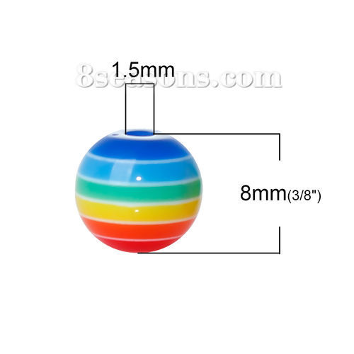 Image de Perles en Résine Rond Multicolore Rayées 8mm Dia, Taille de Trou: 1.5mm, 100 Pcs