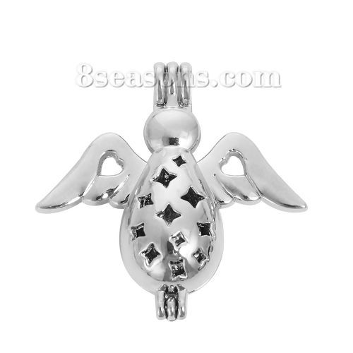 Picture of Brass 3D Wish Pearl Locket Jewelry Pendants Angel Silver Tone Star Can Open (Fit Bead Size: 8mm) 34mm(1 3/8") x 33mm(1 2/8"), 2 PCs