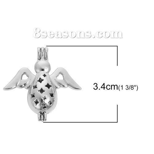 Picture of Brass 3D Wish Pearl Locket Jewelry Pendants Angel Silver Tone Star Can Open (Fit Bead Size: 8mm) 34mm(1 3/8") x 33mm(1 2/8"), 2 PCs