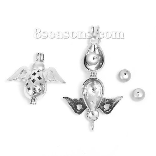 Picture of Brass 3D Wish Pearl Locket Jewelry Pendants Angel Silver Tone Star Can Open (Fit Bead Size: 8mm) 34mm(1 3/8") x 33mm(1 2/8"), 2 PCs