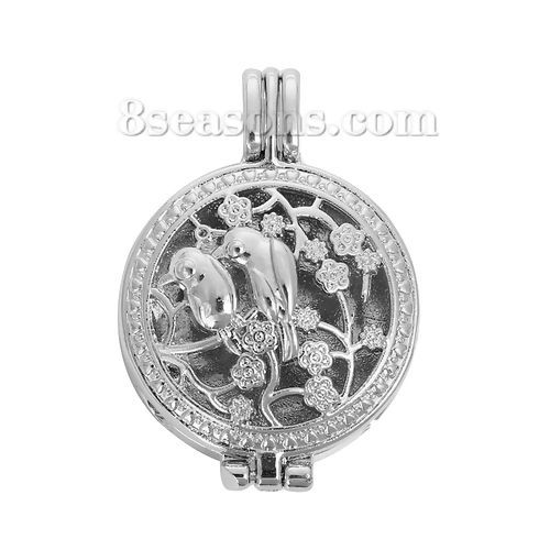 真鍮 アロマ ディフューザー ペンダント 鳥 シルバートーン 花 台座付 (適応サイズ： 23mm) 39mmx 27mm、 1 個 の画像