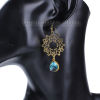 Picture of Brass Earrings Gold Plated Green Blue Drop Filigree Faceted 58mm(2 2/8") x 27mm(1 1/8"), Post/ Wire Size: (20 gauge), 1 Pair