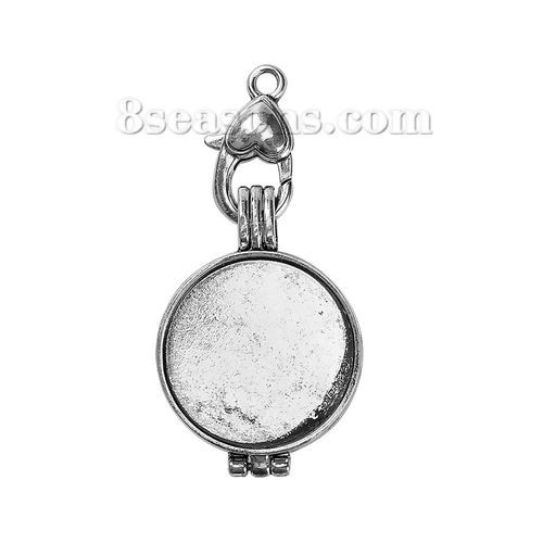 Image de Pendentif Médaillon Huile Essentielle Diffuseur Supports à Cabochons Alliage de Zinc Rond Argent Vieilli Cabochon Rapportable Cœur 55mm x 27mm (Cabochon rapportable 25mm, 23mm), 1 Pièce
