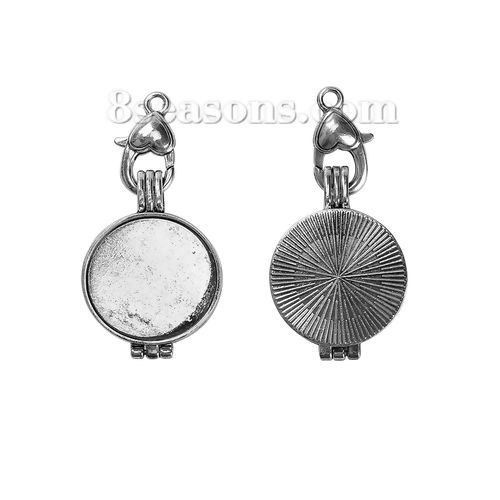 Image de Pendentif Médaillon Huile Essentielle Diffuseur Supports à Cabochons Alliage de Zinc Rond Argent Vieilli Cabochon Rapportable Cœur 55mm x 27mm (Cabochon rapportable 25mm, 23mm), 1 Pièce