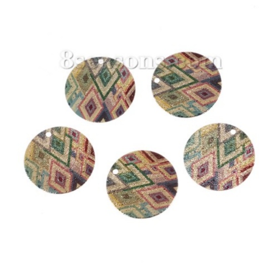 Immagine di Ottone Pittura di Smalto Charms Oro Placcato Multicolore Tondo Rombo Polvere di Stelle 20mm Dia., 5 Pz