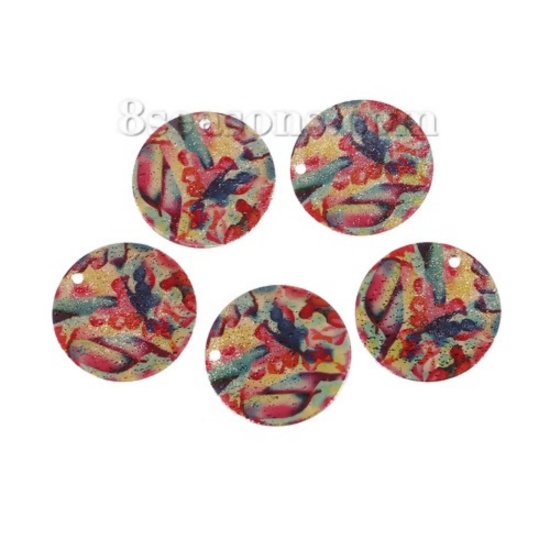 Immagine di Ottone Pittura di Smalto Charms Oro Placcato Multicolore Tondo Polvere di Stelle 20mm Dia., 5 Pz