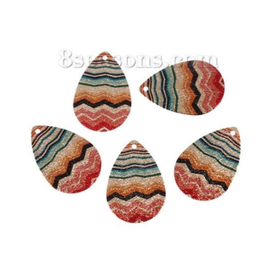 Immagine di Ottone Pittura di Smalto Charms Oro Placcato Multicolore Goccia Onda Polvere di Stelle 26mm x 18mm, 5 Pz