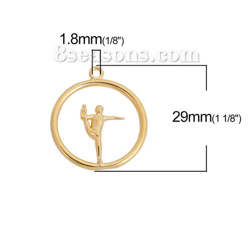 真鍮 リリパット チャーム 円形 金メッキ 人物 29mmx 26mm、 2 個 の画像