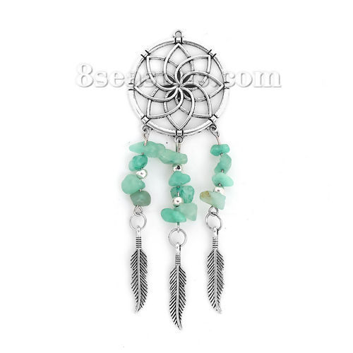 Immagine di Lega di Zinco Acchiappa sogni Ciondoli Scheggia di Perle Argento Antico Menta Verde Piuma 10.5cm x 3.5cm , 2 Pz