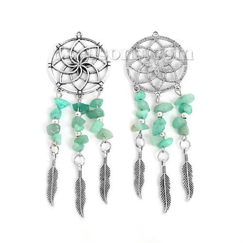 Immagine di Lega di Zinco Acchiappa sogni Ciondoli Scheggia di Perle Argento Antico Menta Verde Piuma 10.5cm x 3.5cm , 2 Pz
