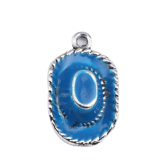 Imagen de Zamak Colgantes Charms Sombrero Tono de Plata Azul Esmalte 23mm x 14mm, 10 Unidades