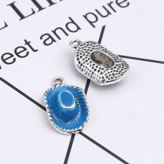 Imagen de Zamak Colgantes Charms Sombrero Tono de Plata Azul Esmalte 23mm x 14mm, 10 Unidades