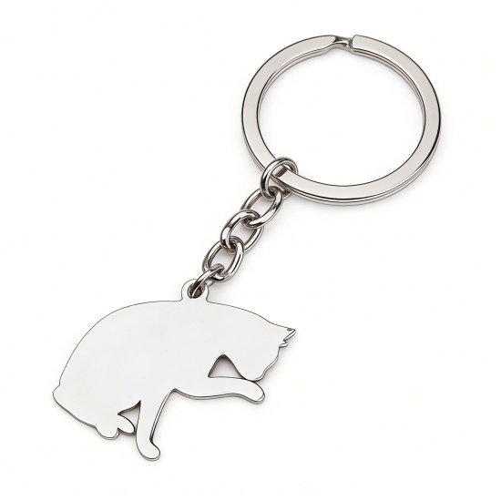 Image de Porte-ClésÉtiquettes d'Estampage Vierges Silouette d'Animal en 304 Acier Inoxydable Argent Mat Chats Polissage Unilatéral 80mm x 37mm, 1 Pièce