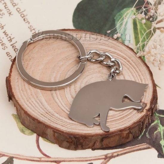 Image de Porte-ClésÉtiquettes d'Estampage Vierges Silouette d'Animal en 304 Acier Inoxydable Argent Mat Chats Polissage Unilatéral 80mm x 37mm, 1 Pièce