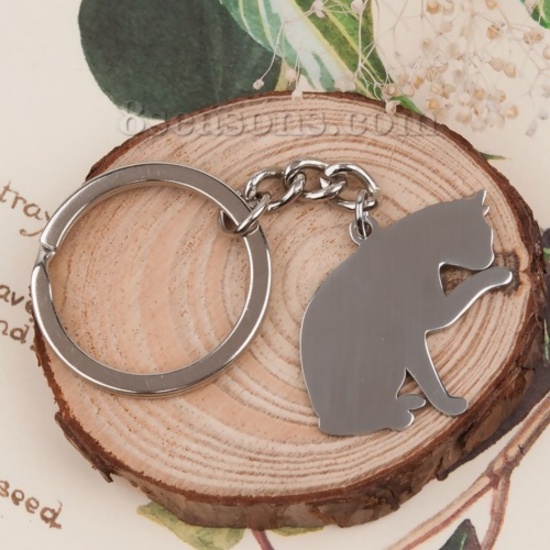 Image de Porte-ClésÉtiquettes d'Estampage Vierges Silouette d'Animal en 304 Acier Inoxydable Argent Mat Chats Polissage Unilatéral 80mm x 37mm, 1 Pièce