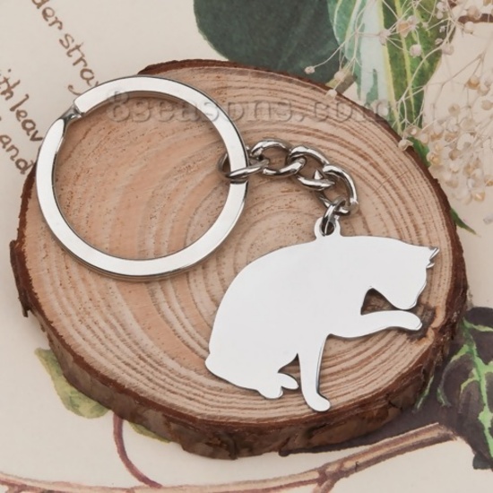 Image de Porte-ClésÉtiquettes d'Estampage Vierges Silouette d'Animal en 304 Acier Inoxydable Argent Mat Chats Polissage Unilatéral 80mm x 37mm, 1 Pièce