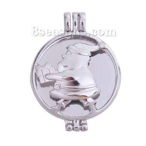Image de Pendentif Médaillon Huile Essentielle Diffuseur Supports à Cabochons Pouvoir Ouvrir Alliage de Zinc Rond Argent Mat Cabochon Rapportable Père Noël Taille à Incruster: 30mm 44mm x 32mm, 1 Pièce