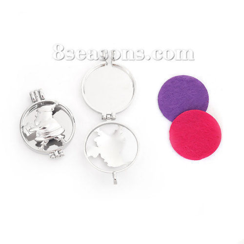 Image de Pendentif Médaillon Huile Essentielle Diffuseur Supports à Cabochons Pouvoir Ouvrir Alliage de Zinc Rond Argent Mat Cabochon Rapportable Père Noël Taille à Incruster: 30mm 44mm x 32mm, 1 Pièce