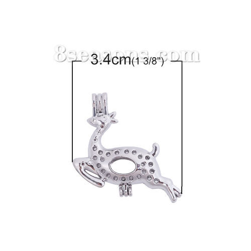 Picture of Zinc Based Alloy 3D Wish Pearl Locket Jewelry Pendants Christmas Reindeer Silver Tone Can Open (Fit Bead Size: 8mm) 34mm(1 3/8") x 31mm(1 2/8"), 2 PCs