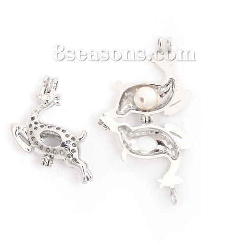 Picture of Zinc Based Alloy 3D Wish Pearl Locket Jewelry Pendants Christmas Reindeer Silver Tone Can Open (Fit Bead Size: 8mm) 34mm(1 3/8") x 31mm(1 2/8"), 2 PCs
