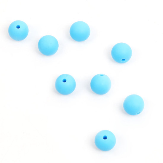 Image de Perles Silicone à Mâcher/Masticable Balle Bleu 12mm Dia, Taille de Trou: 2.5mm, 10 Pcs