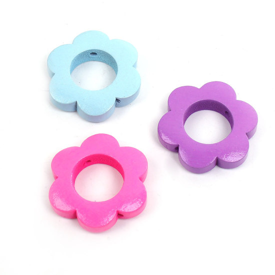 ウッド ビーズ フラワー  ランダムな色 約 30mm x 27mm、 穴：約 2.2mm、 10 個 の画像