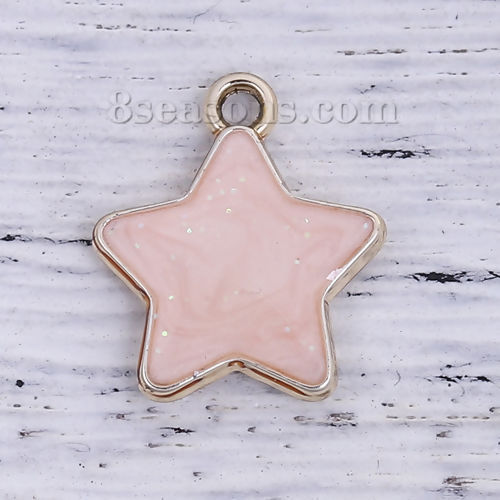 Bild von Zinklegierung Galaxis Charms Anhänger Pentagramm Stern Vergoldet Rosa Emaille Glitzert 17mm x 15mm, 10 Stück
