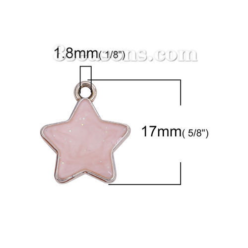 Bild von Zinklegierung Galaxis Charms Anhänger Pentagramm Stern Vergoldet Rosa Emaille Glitzert 17mm x 15mm, 10 Stück