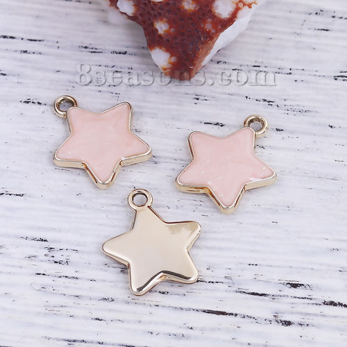 Bild von Zinklegierung Galaxis Charms Anhänger Pentagramm Stern Vergoldet Rosa Emaille Glitzert 17mm x 15mm, 10 Stück