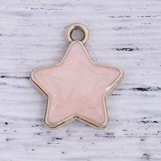 Bild von Zinklegierung Galaxis Charms Anhänger Pentagramm Stern Vergoldet Rosa Emaille Glitzert 17mm x 15mm, 10 Stück