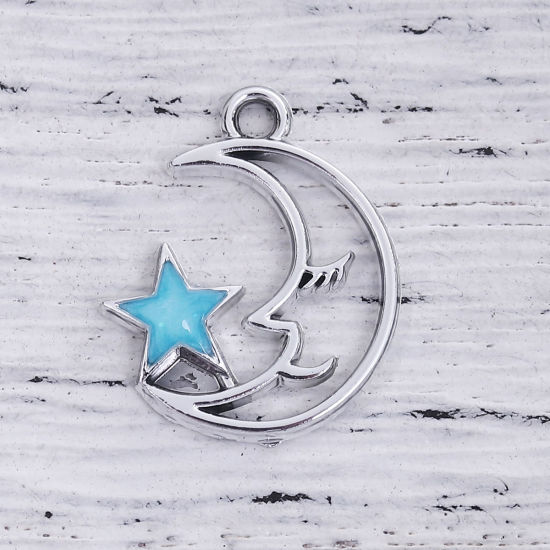 Bild von Zinklegierung Galaxis Charms Anhänger Pentagramm Stern Vergoldet Rosa Emaille Glitzert 17mm x 15mm, 10 Stück