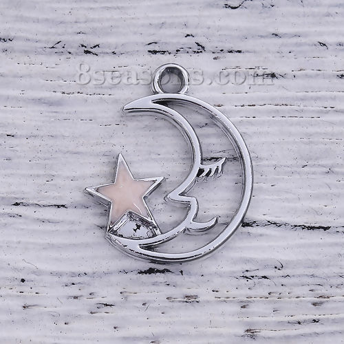 Bild von Zinklegierung Galaxis Charms Anhänger Halbmond Silberfarbe Rosa Stern Emaille 20mm x 16mm, 10 Stück