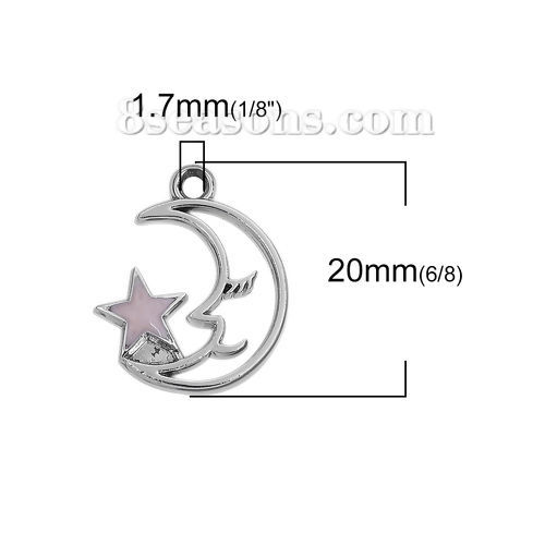 Bild von Zinklegierung Galaxis Charms Anhänger Halbmond Silberfarbe Rosa Stern Emaille 20mm x 16mm, 10 Stück