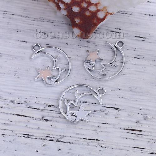 Bild von Zinklegierung Galaxis Charms Anhänger Halbmond Silberfarbe Rosa Stern Emaille 20mm x 16mm, 10 Stück