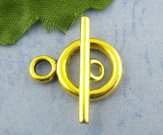 亜鉛合金 トグルクラスプ マンテル 円形 金メッキ 23mm x 6mm 19mm x 14mm、 30 セット の画像