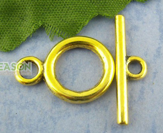 亜鉛合金 トグルクラスプ マンテル 円形 金メッキ 23mm x 6mm 19mm x 14mm、 30 セット の画像